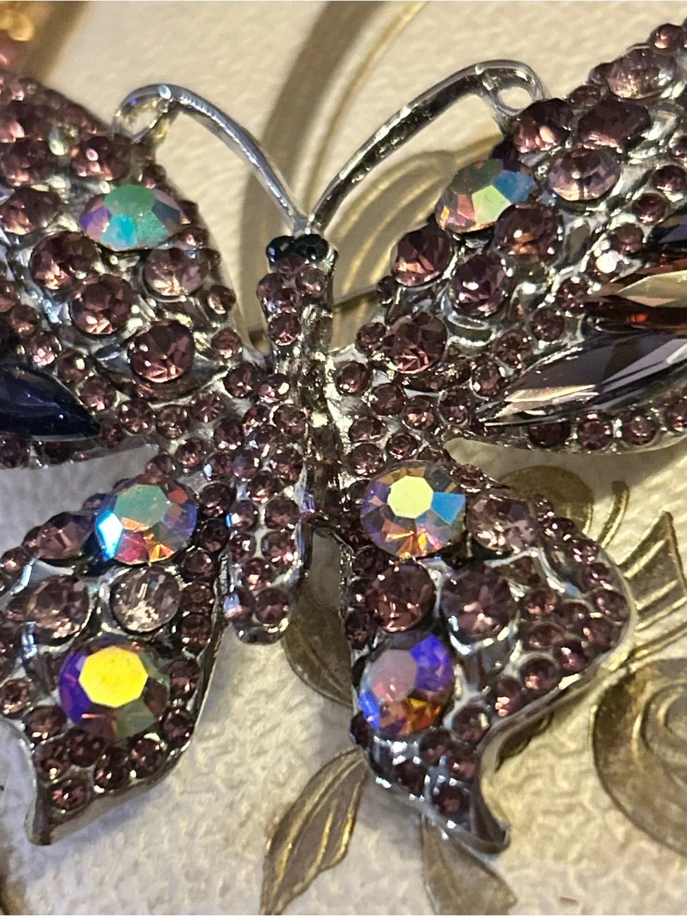 Large Purple Crystal Butterfly Brooch silver tone Unbranded AB accents
